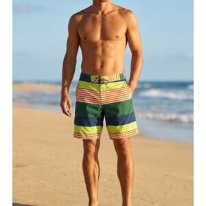 Patagonia Wavefarer Board Shorts Men's 35 Striped Green Orange Blue Swim Trunks